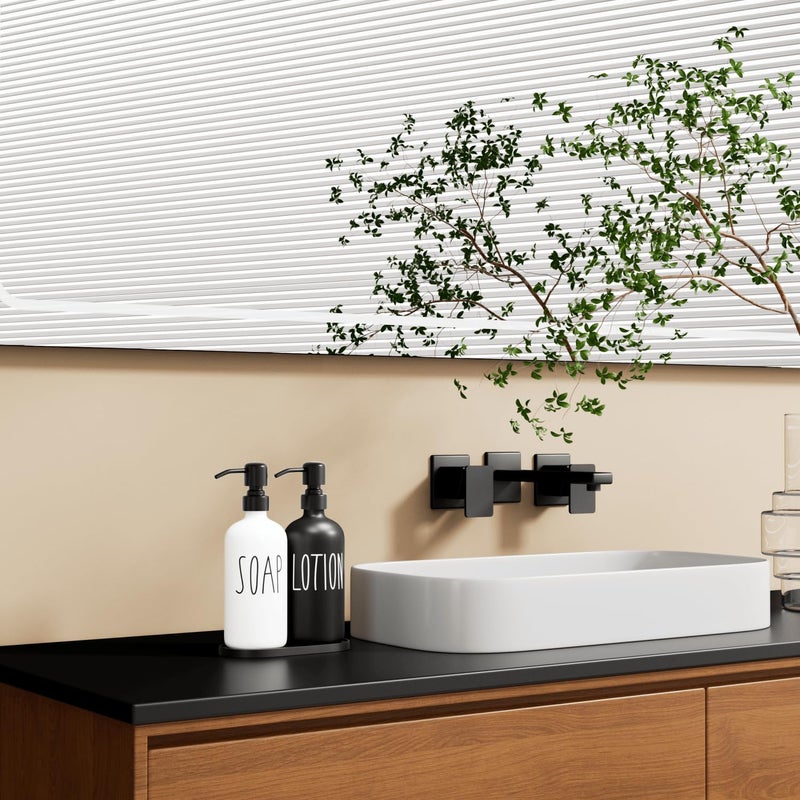 MOMEEMO Glass Soap Dispenser with Stainless Steel Pump, Contains Lotion Dispenser, Hand Soap Dispenser & Tray. (Black & White) - Image 3
